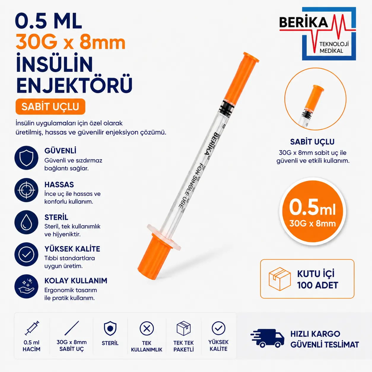 Berika 0,5 ml İnsülin Enjektörü 30G*8mm 100'lü