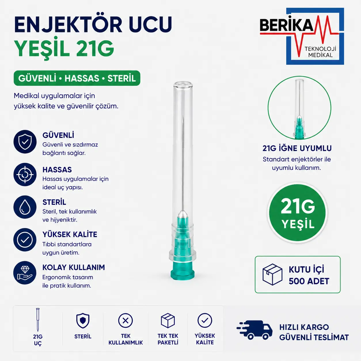 Berika Enjektör Ucu Yeşil 21G 500'lü